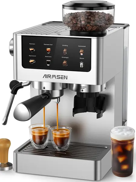 AIRMSEN Espresso Coffee Machine with Burr Grinder,20 Bar,Household Stainless Steel, Professional Espresso Maker with Removable Water Tank,Milk Frother BCM2316