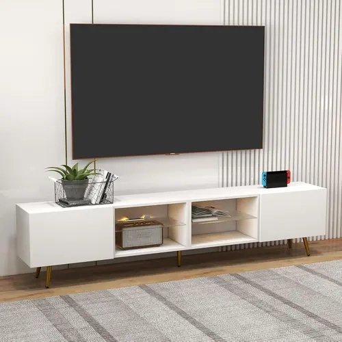 EBELLO 86" Classic Freestanding LED TV Stand, Modern Entertainment Center for 75"-85" TVs, Television Console Table with Multi-Zone Storage Cabinets, 15-Color Mood Glow & 4 Lighting Patterns, White