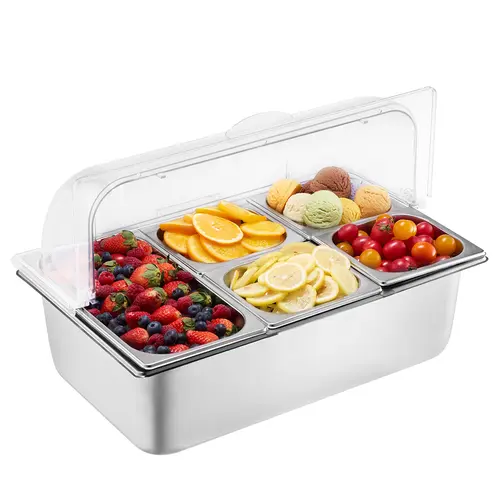 VEVOR 5-Pan Stainless Steel Countertop Buffet Serve Container, Food Storage with Detachable Rack, Utensils, 3 Freezer Boxes, Rollback Access, Warming/Cooling, Ice-Chilling, Maintains Freshness, Kitchen Gadgets for Restaurants, Family Meals