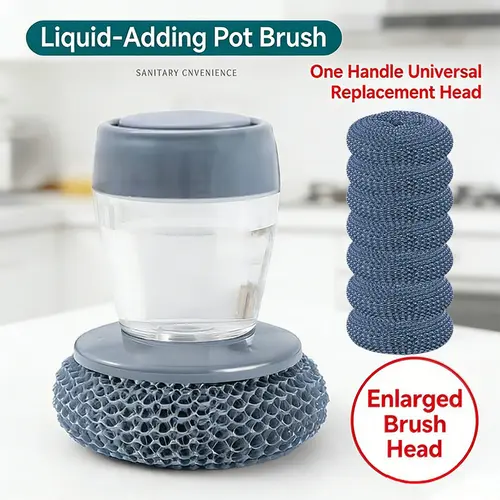 Palm Handle Automatic Liquid-Filling Plastic Soap Dispensing Brush - Sponge-Integrated Kitchen Scrubber with Removable & Washable Bristle Head, Squeegee, Comfortable Gentle Flow, No Hand Fatigue, Stove Tough Stain Grease Removal Home Cleaning Tool
