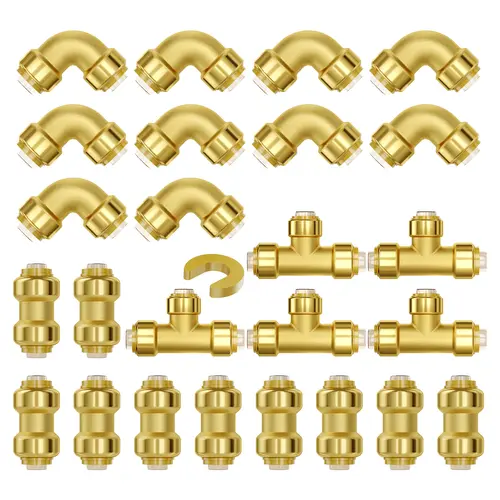 VEVOR 1/2 inches Lead-Free Brass Fittings Set (10 Elbows, 10 Straights, 5 Tees, 25PCS) - 100 PSI Corrosion Resistant Push-Fit Quick Waterproof Pipe Connections, High Temp Lead-Free Brass Supports Clean Water for PEX/Copper Heating Systems Plumbing Adapter