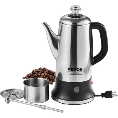【fathersdaygift】VEVOR 12-Cup Electric Percolator Coffee Pot, 304 Stainless Steel Coffee Percolator with Keep Warm Function & Heat-Resistant Handle, Classic Coffee Maker, Quick Brew & Easy-Pour Spout, Silver