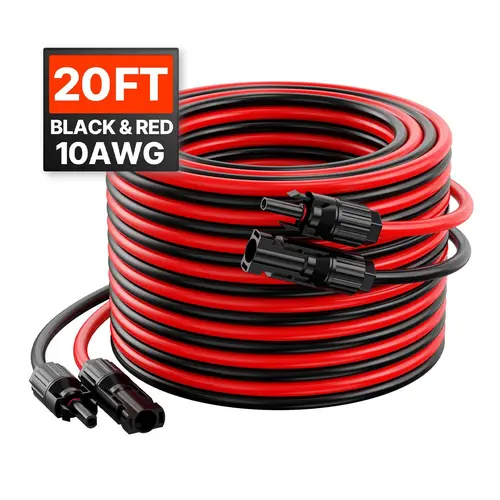 VEVOR 1-Pair 20ft/6.1m 10AWG Home Solar Panel Extension Wire, 100% Tinned Low-Loss Copper, Male-Female MC4 Locking Fit Connectors, Durable Flexible, Rainproof IP67, Tool-Free Plug-and-Play Installation, All Seasons Outdoor Use