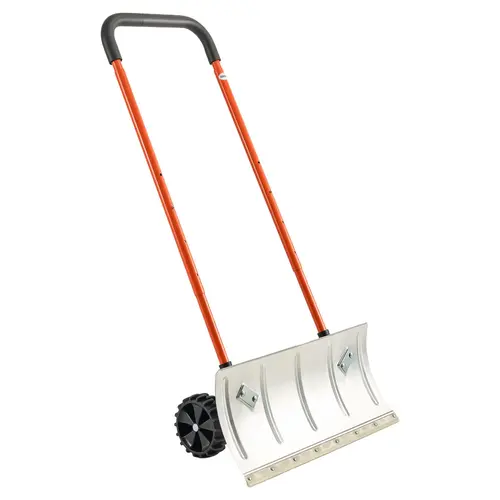 VEVOR Heavy Duty Alloy Steel Wheeled Snow Pusher Shovel - 24 in Wide Tool, 11.42 in Bi-Directional Angled Blade, 90° Handle Adjust, 6.3 in Quiet Wear-Resistant Surface-Safe Plastic Remover for Driveway (Alloy Body for Long Use, Reduces Noise)