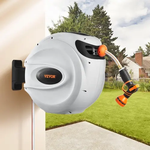 VEVOR Wall-Mounted Automatic Retractable Garden Hose Holder, 65'x5/8" PVC Hose, 180° Swivel Coverage, Brass Outdoor Nozzle, Stay Locked in Position, Adjustable Watering System, Home Improvement Accessory【Opantalk Auction】