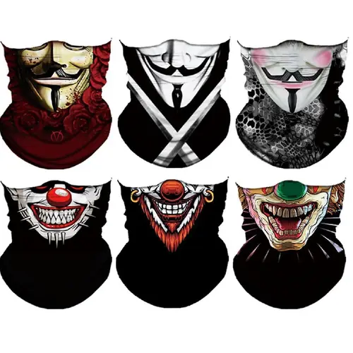 Yeomoo 6pcs A-Black Skull Print Men's Scarf-to-Headband Ski Mask Set - 1 Size, Elastic-Fit Windproof Balaclava Neck Gaiter, Halloween-Ready for Biking & Skiing, Warm Protective Face Covers