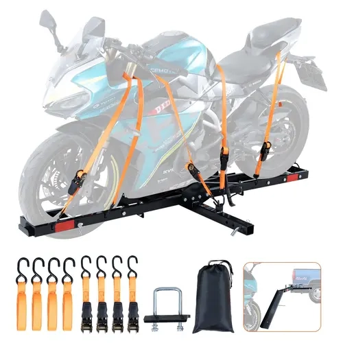 VEVOR 600 LBS Rust-Resist High-Strength Steel Motorcycle Hitch Mount Carrier, Car Accessories Bundle with 76×7" Bike Fit Ramp-Easy Loading, Ratchet Straps, Stabilizer, Quick Install for 2" Hitch Receiver Vehicles, Father's Day Gift (Scooter Compatible)