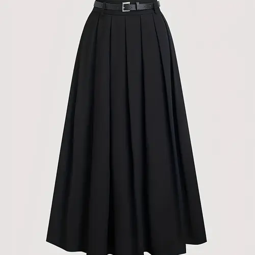Women's Pleated Woven Loose Casual Fashionable Skirt, Basic Minimalist Solid Color Design, Suitable for Daily & Formal Wear, All Seasons, Includes Belt, Elegant Ladies' Bottoms, Womenswear, All Season Skirts
