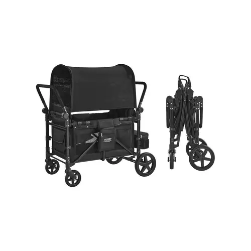 VEVOR Carbon Steel 4-Wheeled 4-Kid Trolley Stroller, 330lbs Load, Compact Stroller, Easy Fold Travel-Friendly, 10-Level Handle Adapts to Your Height, 10°-180° Adjustable Handle, Shock Absorbers, Detachable Canopy Shields from Sun, Tool Upgrade