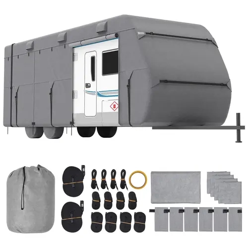 VEVOR 27'-30' Class-A Trailer All Season Durable Vehicle Cover, 4-Layer Non-Woven Fabric, Waterproof, Windproof, Rip-Stop, with Wind-Hug Straps, Storage Bag, Repair Patches & Tire Covers