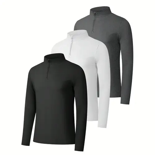 Men's 3-Pack Stylish Half-Zip Neck Light Fleece Long-Sleeve Shirts, Milk Silk Double-Sided Lightweight Menswear - Black & White Floral, Floral Gray Print Fashion Aesthetic Outdoor Sports Outerwear