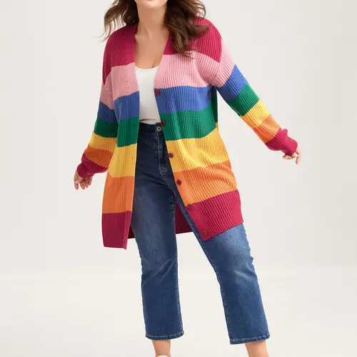 BloomChic Women's Bold Colorblock Oversized V-Neck Acrylic Cardigan - Casual Drop-Shoulder Full-Sleeve Button-Front Garment, Plussize, Multicolor, Quick On-Off Drape Knitwear Fabric, Low Iron Casual Fashion Jumper，SohoChic