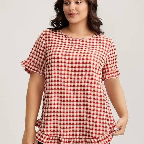 BloomChic Gingham Print Button Back Blouse 【M-6XL】