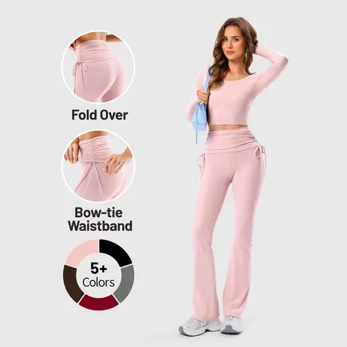 Inno Mint Women's Shaping Leggings - Stretchy High Waist Fold Over, Bow-tie Waistband, No Front Seam, Ruched Tummy Control, Flare Style, Athletic Activewear, Gym Clothes, Yoga Pants, Sports Casual Pants