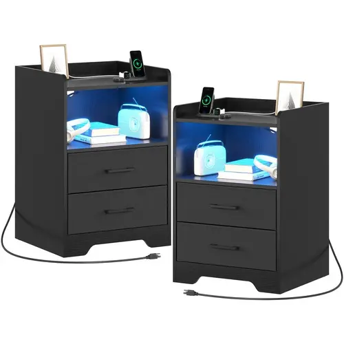 Sikaic 2-Piece Nightstand Sets - Skinny Modern LED Bedside Table Nightstands with Built-in Light, Charging Station, Drawers, RGB Lights, USB Ports, Outlets, Wooden Storage Furniture for Bedroom, Assembly Required