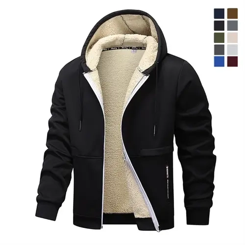 Men's Heated Stylish Fashion Longsleeve Hooded Jacket - Thick Warm Lined Comfortable Casual Zip-Up with Practical Pockets, Machine Washable Menswear Coat for Autumn/Winter Western Wear Fleece, Beige/Black