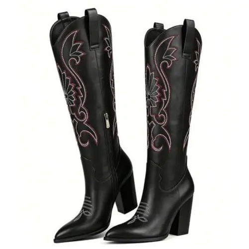 EROCALLI Women's Studded Chic Cowboy Boots - 9.5cm Chunky Heel, Pointed Toe, Rubber Sole, Black Embroidery Design, Minimalist Mid-Calf (Above the Ankle But Below the Knee) Classic Western Footwear, Ideal for Dress, Wedding Wear