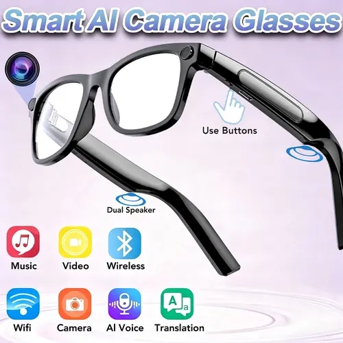 Miniso AI Smart Glasses with Camera - Integrated 8MP Camera, Photochromic Lenses, Button Touch Adjustment, UV Protection, 160+ Languages Real-Time Translation, Bluetooth Wireless Recording for Travel Outdoor Adventures Hands-Free Use