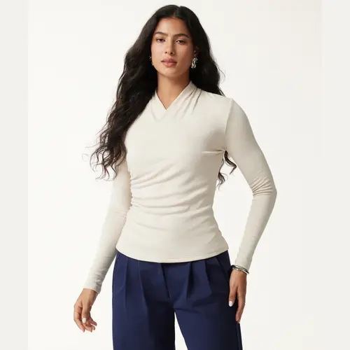 OGL Women's Long Sleeve Faux Wrap Top - Surplice V-Neck Minimalist Shirt for Fall, Work & Casual Wear Fall Deals For You