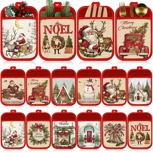 12 Pcs Christmas Kitchen Gifts for Teachers Coworkers Family, Christmas Pot Holders with Pockets for Mini Burr Basket, Heat-Resistant Reusable Oven Insulation Pads for Bakeware Baking Cooking Kitchen Essentials Bakeware Kitchen Decor