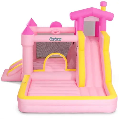 Outfunny Unisex Kids Inflatable Playground - 420D Oxford Fabric, 6-in-1 Play Mix (Slide, Ball Pit, Climbing, Hoop), 450W Blower, Hand Pump, Indoor/Outdoor All Year Long Kids Toys for 3-8 Years Safety-Focused Gross Motor Gift