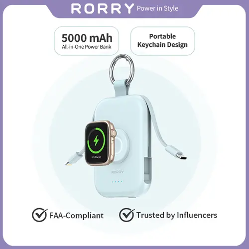 RORRY 5000mAh 3-in-1 Portable Charger with Built-in USB-C & Lightning Cables + Magnetic Apple Watch Wireless Charging – Fast Charging for iPhone & Apple Watch Android Gadgets Smartphone