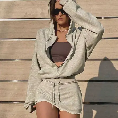 Women's Two-Piece Hooded Sweatshirt Set, Fitted Drawstring Zipper Long Sleeve Top, Elastic Waist Short Skirt Pants, Casual Everyday Fall, Outfit Womenswear