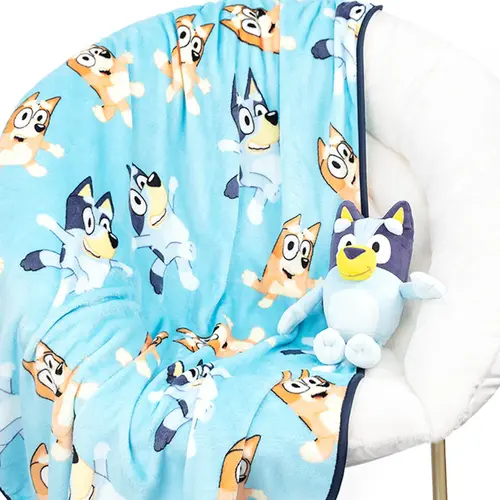 Jay Franco Bluey Dance Party Bedding Set Pack - Super Soft 40x50in Funny Print Child Cartoon Graphic Blanket, 11in Hug Buddy, Spotclean Pillow for Kids Rooms & Gifting