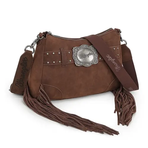 Wrangler Fringe Buckle Hobo Bag/Crossbody Bag for Women Suede-Feel PU Leather with Antique Silver Logo Concho & Stud Belt