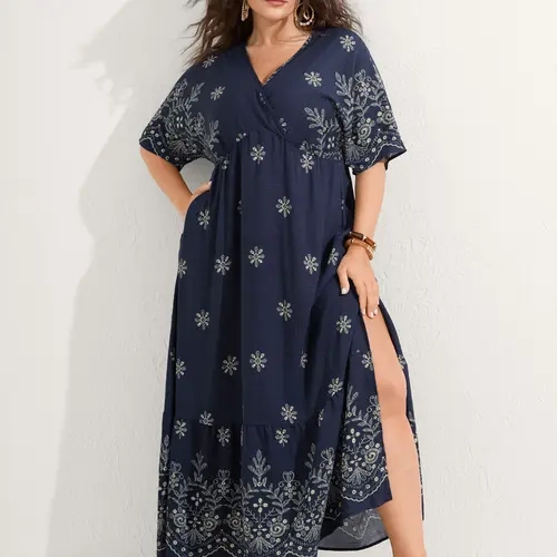 BloomChic Surplice Neck Split Side Pockets Maxi Dress 【M-6XL】