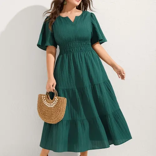 BloomChic Textured Shirred Cinched Waist Maxi Dress 【M-6XL】