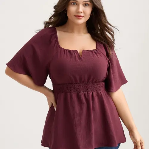BloomChic Stretchy Neckline Waist-Cinched Solid Blouse 【M-6XL】