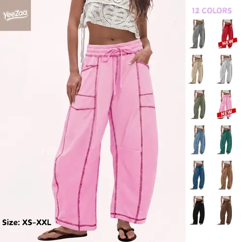 YeeZaa Women Drawstring Barrel Sweatpants 2026 Spring Summer High Waisted Patch Pockets Wide Leg Solid Baggy Pants Smocked Elasticated Waistband Lounge Womenswear 2026 Fall Fashion Bottom Style Wideleg Clothes