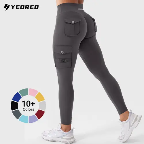 YEOREO Women’s High Waisted Cargo Yoga Pants - High Stretch Shapewear, Hidden Hands-Free Pockets, Hidden Scrunch Seam, Butt Lift, Compression Athletic Bottoms for Summer Gym-Yoga Athleisure Wear