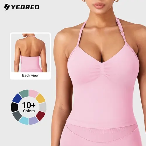 YEOREO Women's Backless Deep V Neck Halter Top - Nylon Blend, Built-in Bra, Longline Strappy, Tight Universal Gym Workout & Going Out Apparel