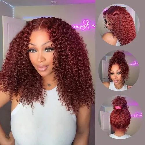 【This Hair Color Ate 】Reddish Brown Kinky Curly Invisi Strap Snug Fit 360/7x5 Transparent Lace Frontal Bleached Knots Pre Cut Lace Wig With Drawstring