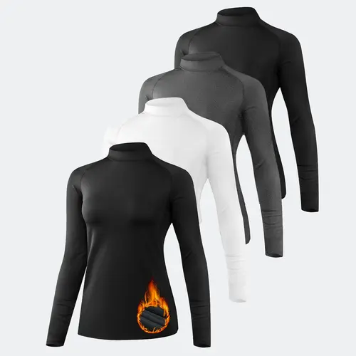 Women's 4-Pack Thermal Long Sleeve Turtleneck Underwear Tops - Fleece-Lined Compression Fit Solid Basics Shirts, Elegant Style for Lady Winter Cold Days