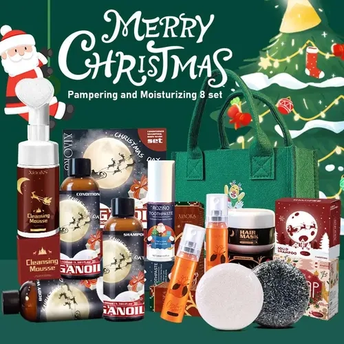 ROZINO Luxury Women's 8-Piece Christmas Full-Body Wash & Care Gift Set - Cleanser, Shower Gel, Soap, Bubble Bath, Hair & Lip Items, Hydrating Mask, Moisturizer for Moisture (Holiday Gift for Mom)