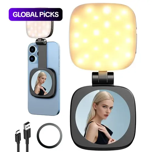 Magnetic Selfie Light with Mirror, Rechargeable Photography Light, Retractable Foldable Pocket-Size Portable Mini Dimmable Fill LED Light for Phone, Selfie Accessories for Video Recording, Live Streaming, Makeup, Vlog #GLOBAL PICKS