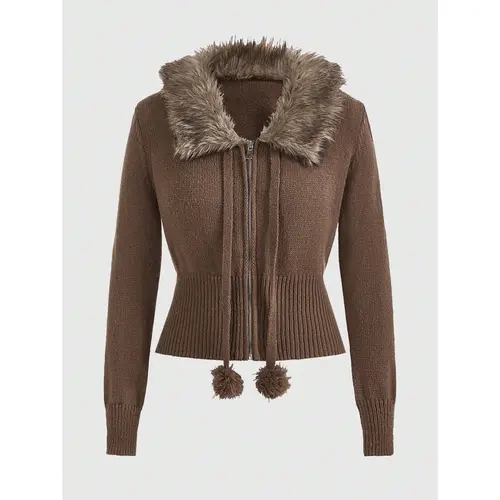 Women's Fashion Soft Knit Fabric Zipper-Up Collar Long Sleeve Cardigan Sweater - Fuzzy Pompom Trim Casual Outerwear, Standard Sizes Knitwear for Women