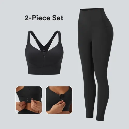 Halara 2-Piece SpeedWave Medium Support Push Up Crisscross Backless Zipper Adjustable Buckle Quick Dry Running Sports Bra & UltraSculpt High Waisted Tummy Control Side Pocket Shaping Training Leggings Set