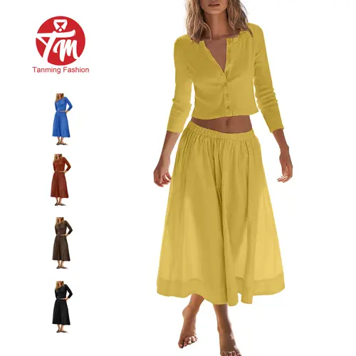 Tanming Womens Button Cardigan and Maxi Skirt Set - Long Sleeve V Neck Crop Top & High Waist Pocket Long Skirt - 2 Piece Matching Outfits Lounge Sets Tracksuits - Spring Summer Vacation Beach Casual Daily Streetwear