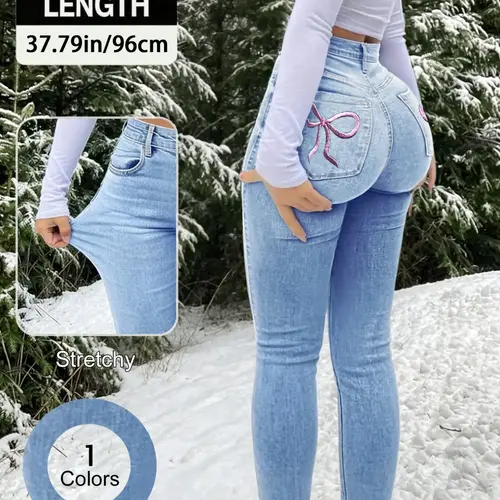 Elegant Women's High Waist Slimming Jeans, Embroidered Bow Design, Elastic Skinny Fit, All Seasons Fashionable Denim Jeans, Denim High Rise