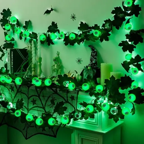 BougeRV Spooky Green LED Maple Leaf Eyeball Hanging Lights - Hangable, Indoor-Outdoor Safe, Halloween Party Decor Props, Holiday Party Decor, Decorations and Ornaments, Festive Home Improvement Supplies