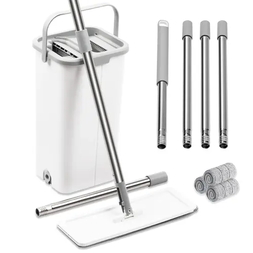 Flat Spin Mop and Bucket Systemt,Squeeze Mop Buket Set with 3 Reusable Microfiber Pads and Long Handle for Wet and Dry Use Home Floor Cleaning