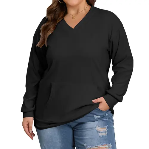 AUSELILY Plus Size Women's V-neck Sweatshirt with Kangaroo Pocket – Fleece Long Sleeve Oversized Casual Top