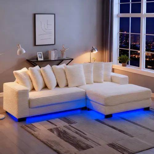 [3-4Packs Shipped]Niccae 110" LED Lighted L-Shaped Convertible Sleeper Sectional Sofa, Modern Upholstered Corduroy Modular Couch, Adjustable Footrests, 8 Throw Pillows, Easy-Assembly Foam Furniture for Living Room Decor, Apartment Use