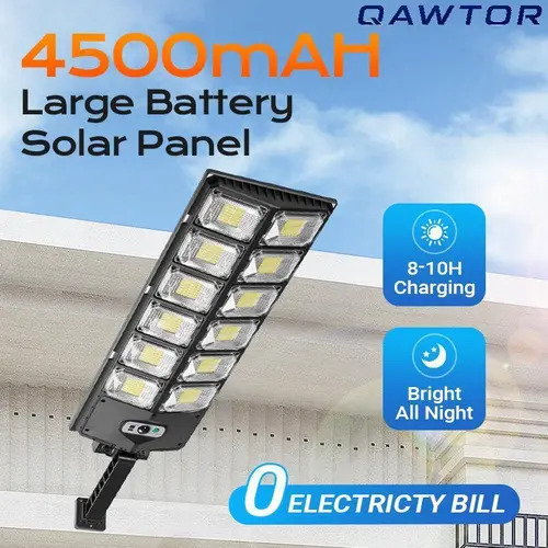 Qawtor Solar Street Light Outdoor Solar Parking Lot Light, 360 LEDs Wide Angle Lamp with Motion Sensor IP67 Waterproof  Commercial Lighting