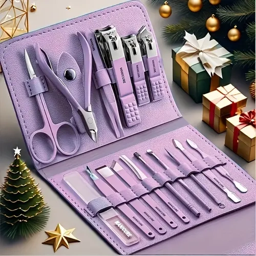 High Quality Unisex 16-Piece Rust-Resistant Stainless Steel Nail Care Set - Compact Travel Beauty Supplies, Fingernail/Toenail Cutters, Manicure Pedicure Tools, Luxury Case, Gifts for Wife, Best After-Sale Quality (Cuticle Violet)