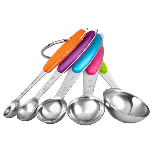 5-Piece Stainless Steel Food Measuring Tool Set - Kitchenware Utensils with ABS Macaron Color Handles, Stackable with Ring, Deburred Edges, Dishwasher-Safe, Accurate Kitchen Conversion Chart Included for Cooking,Baking